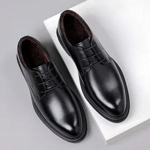 Classic black leather men's dress shoes with warm fleece lining for business formal wear.