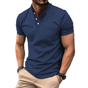 Polo da uomo blu navy casual con taschino e scollo a V con bottoni stile professionale
