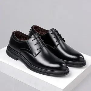 Elegant black men's leather dress shoes with warm plush lining for business formal use