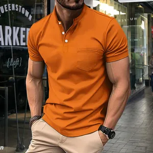 Detailed view of a men's orange casual polo shirt featuring a pocket and buttoned neck