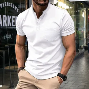 Close-up of white slim fit men's polo shirt with chest pocket and button neck