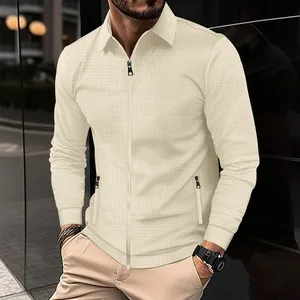 Veste décontractée pour hommes en tricot gaufré beige à manches longues et fermeture éclair