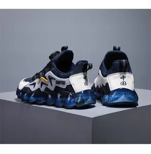 Close-up of waterproof leather children's sports shoes with rotating buckle closure