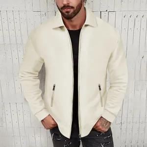 Men's Autumn Waffle Knit Zipper Jacket Slim Fit Lapel Cardigan Casual Outerwear Cotton Polyester Blend Solid Color Top