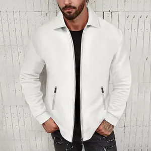 Detailed view of men's white waffle knit zip-up jacket with slim fit and lapel collar