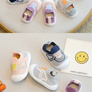 Collection of baby flyknit sock shoes with soft non-slip soles in various pastel colors