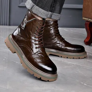 Braune Herren-Martin-Stiefel im britischen Stil mit Reißverschluss und robuster Profilsohle