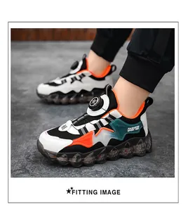 On-foot view of children's waterproof sports shoes with a convenient rotating buckle