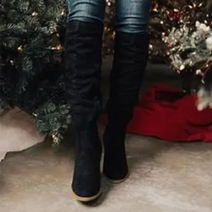 Black suede over-the-knee boots featuring chunky high heels and side zipper for winter