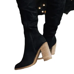 Elegant black suede over-the-knee boots featuring chunky high heels and side zipper closure
