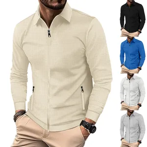 Detailed view of men's waffle textured lapel zipper jacket in five versatile colors