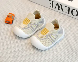 Detail view of breathable knit baby walking shoes with soft non-slip rubber soles