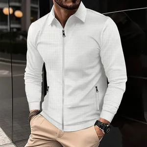 Close-up detail of premium white waffle knit texture on men's casual zip-up jacket