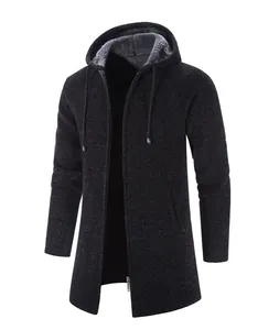 Chaqueta cárdigan de punto con capucha para hombre largo medio con forro de felpa