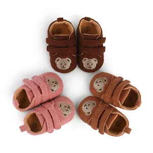 Säuglings Lauflernschuhe 0-1 Jahr Baby Cord Bestickter Bär Weiche Sohle Klettverschluss Rutschfeste Schuhe