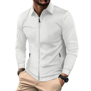Detail view of a white waffle-textured long-sleeve men's jacket with zipper and lapel collar