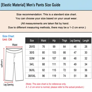 Size chart guide for men's elastic beach shorts with detailed measurements in cm.