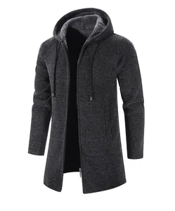 Chaqueta larga de punto para hombre con capucha, forro polar cálido y cierre de cremallera