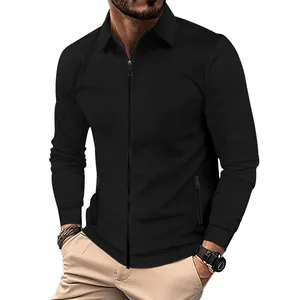 Detailed view of black waffle texture on men's long sleeve zip-up polo jacket