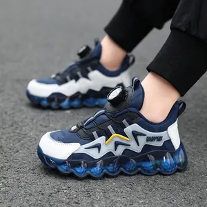 Waterproof leather children's sports shoes with rotary buckle and bubbly blue sole