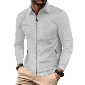 Stylish grey waffle textured men's long sleeve jacket with lapel collar and zip pockets
