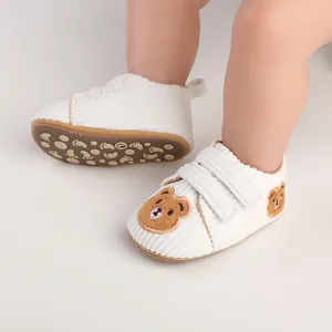 Soft sole baby pre-walker shoes with cute teddy bear embroidery and velcro strap