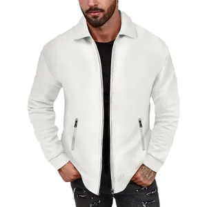 Men's white waffle knit zip-up jacket with lapel collar and slim fit design