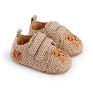 Baby corduroy walking shoes with cute bear embroidery and velcro straps