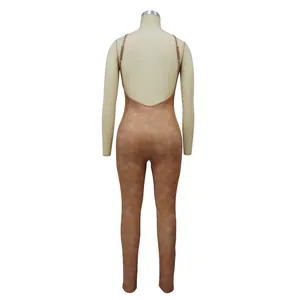 Detailed back view of a sexy brown marble print bodycon jumpsuit for women with U-neck