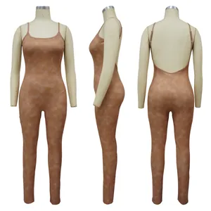 Multi-angle view of a brown ribbed backless jumpsuit with spaghetti straps.