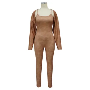 Sexy brown tie-dye U-neck spaghetti strap jumpsuit set with matching long sleeve shrug