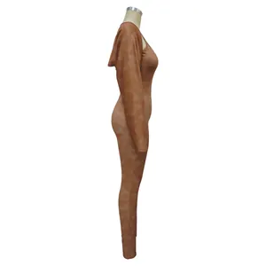 Side profile view of sexy brown tie-dye ribbed bodycon jumpsuit with hooded shrug