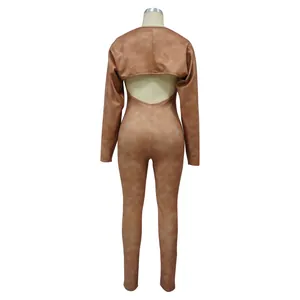 Back view of a stylish brown tight long sleeve jumpsuit set for women on mannequin