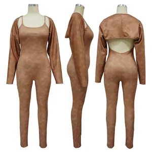 Three-angle view of women's sexy brown ribbed strappy jumpsuit with matching shrug