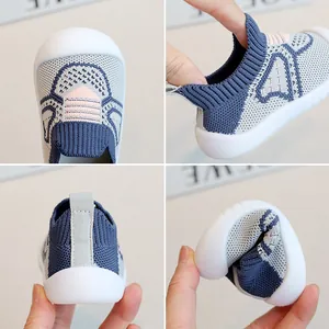 Breathable fly-knit baby walking shoes with flexible soft rubber anti-slip sole in blue