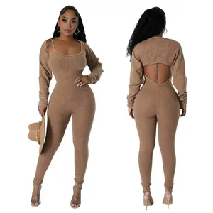 Brown ribbed two-piece set with U-neck jumpsuit and long sleeve shrug cover up