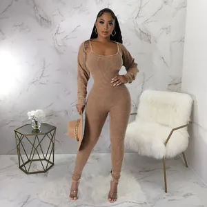 Close-up of a ribbed camel-colored U-neck bodycon jumpsuit set with matching shrug