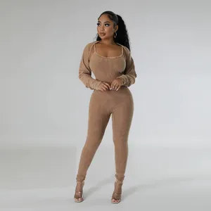 Sexy brown rib-knit two-piece set featuring a U-neck jumpsuit and matching cropped cardigan