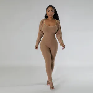Sexy tan ribbed two-piece bodysuit set with matching long sleeve shrug bolero for women.