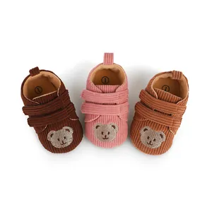 Corduroy baby walking shoes with cartoon bear embroidery and velcro straps for 0-1 year olds