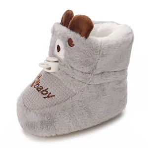 Soft grey plush baby winter boot featuring cute animal ears and secure toggle closure