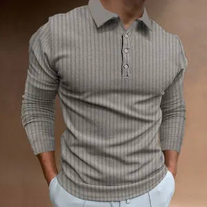 Detailed view of grey vertical ribbed long sleeve polo shirt with classic collar.