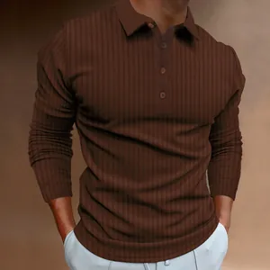 Detail shot of brown ribbed long-sleeve polo shirt featuring a three-button collar