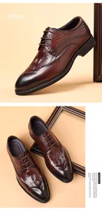 Detail der Krokodilmaserung und Brogue-Schnitzerei an diesen braunen Business-Schuhen.
