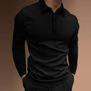 Close-up view of a men's slim-fit long-sleeved ribbed polo shirt in solid black
