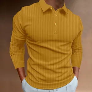 Mustard yellow men's slim fit polo shirt with vertical ribbed texture and long sleeves.