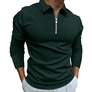 Polo da uomo a maniche lunghe verde scuro a righe verticali con zip