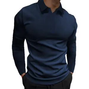 Men's slim fit long sleeve polo shirt with vertical ribbed texture in navy blue
