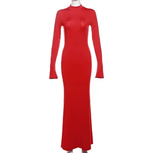 Vibrant red long-sleeved mock neck bodycon maxi dress front view on white mannequin