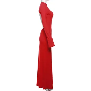Side view of an elegant red backless long sleeve maxi dress for a sleek slim fit look